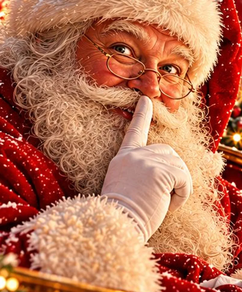Santa in his sleigh with a finger to his lips, from the Santa’s Secret Grotto poster