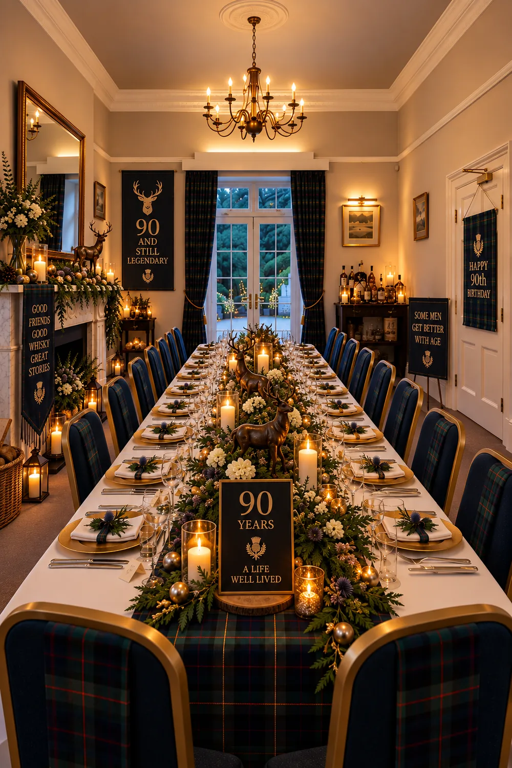 A long candlelit table laid with greenery for a 90th birthday dinner beneath a chandelier
