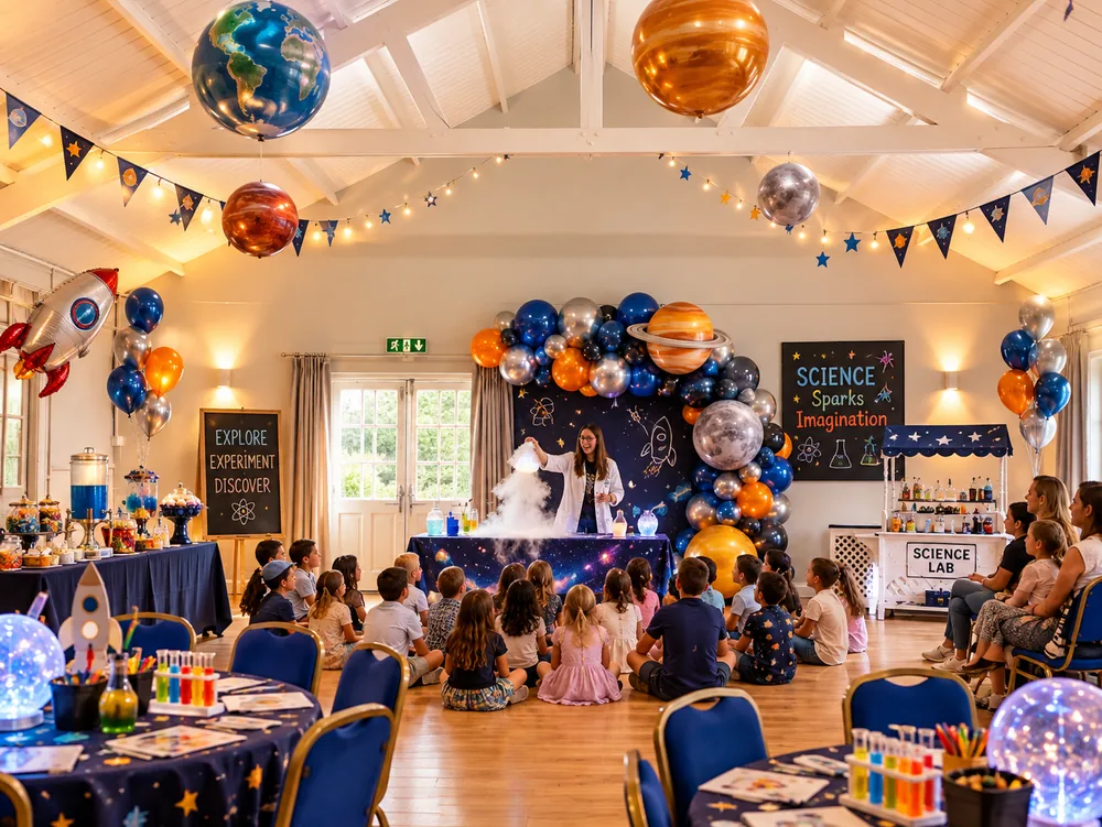 Children watching a space-themed science show in the Garden Room
